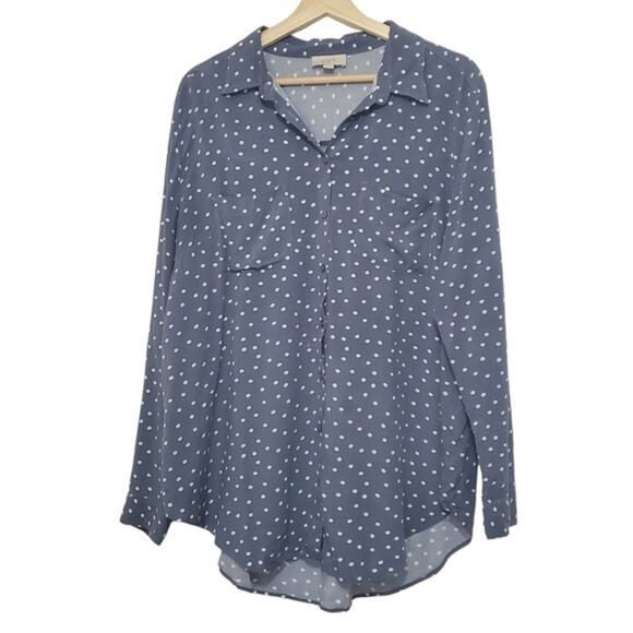 LOFT | Gray and White Polka-dot Button Up Soft Long Sleeve Shirt - Picture 1 of 9